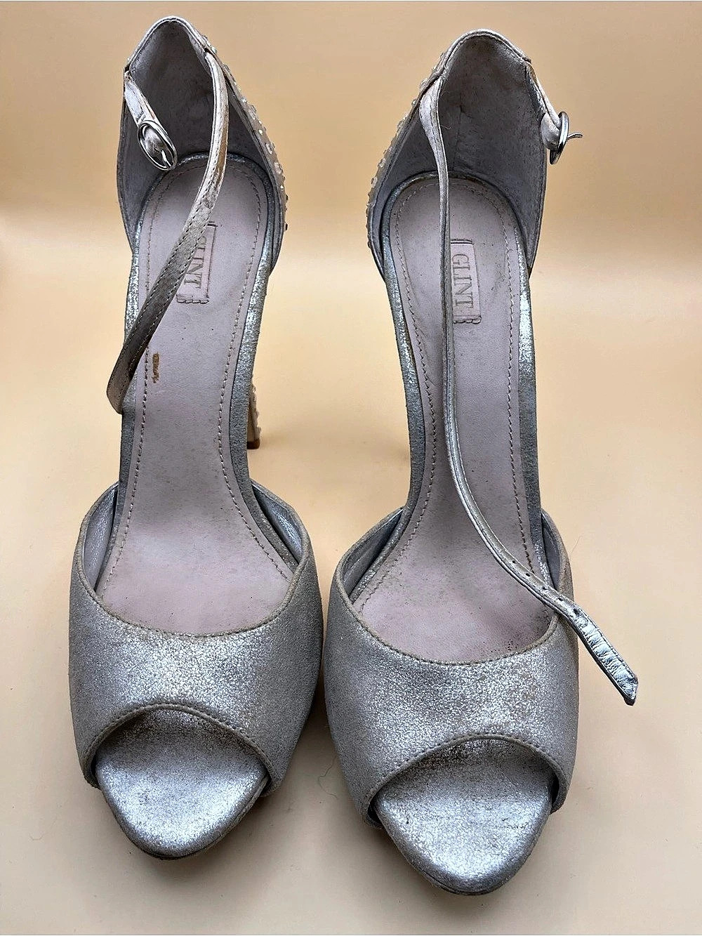 Vintage Glint Silver Rhinestone Crystal Peep-Toe 5” Stiletto Heels, Size 10, GUC